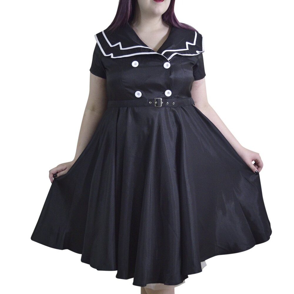 Plus size 1X - 3X Black Satin Sailor Vintage Style Flare Party Dress